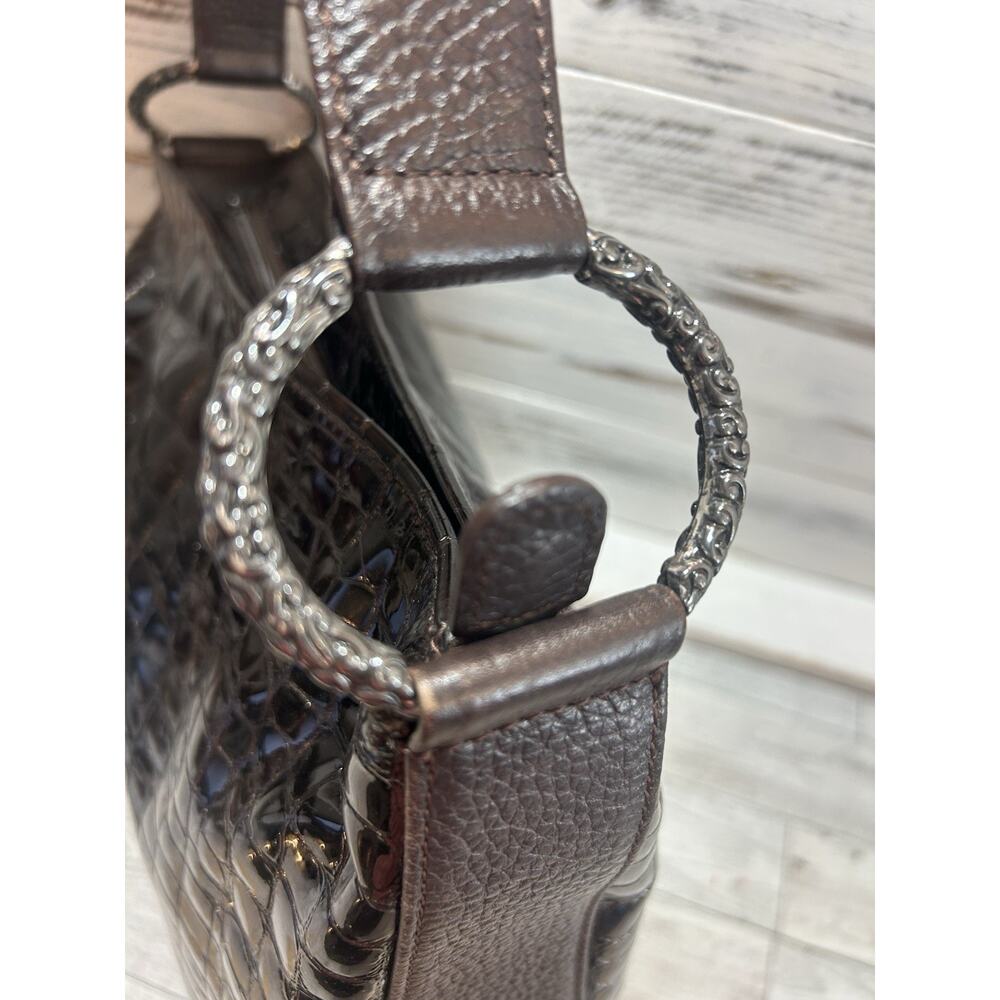 BRIGHTON Cher Handbag Bronze Brown Croc Patent Leather Shoulder Bag Orange Lined - Picture 6 of 10